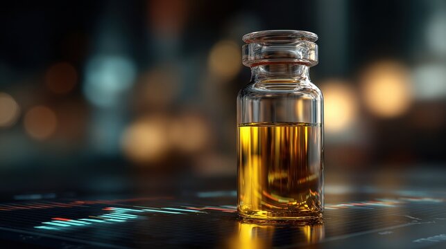 Macro Shot of Glass Vial Filled with Glowing Gold Liquid