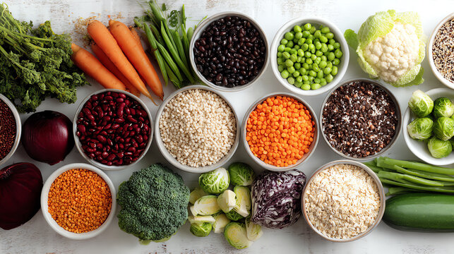 A vibrant display of fresh vegetables and grains in bowls, showcasing healthy eating and colorful nutrition.