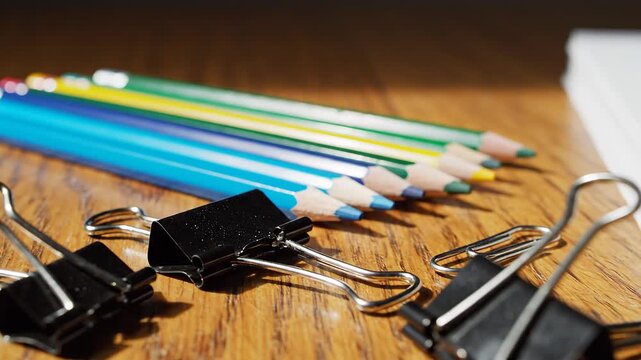 Essential creative and organizational tools for everyday tasks, a vibrant set of pencils and binder clips await on a polished wooden desk, symbolizing potential and order
