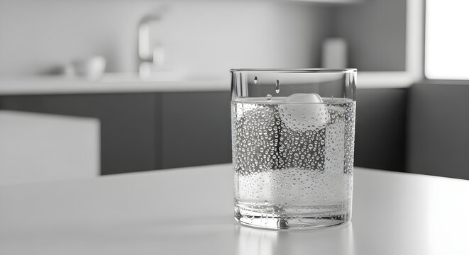 Clear Glass of Bubbly Water on White Table in Modern Kitchen