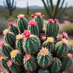 Obraz premium Vibrant Desert Bloom Featuring Flowering Cacti In Arid Landscape