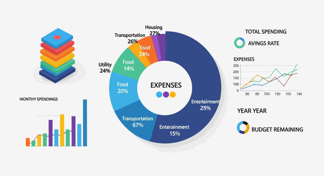 Infographic displaying a pie chart and bar graph on a white background, illustrating business expenses and spending with colorful graphics and charts.