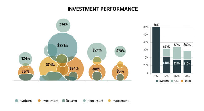 Investment performance comparison with bubble chart and bar graph illustrating returns and investments.