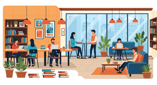 Diverse people studying and working collaboratively in a modern library or co-working space