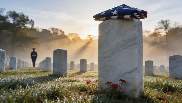Atmospheric American Flag Folded on Marble Tombstone at Sunrise in a Military Cemetery with Solemn Soldier in Background