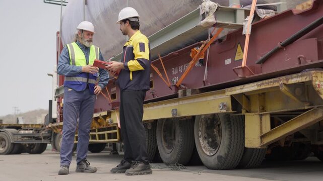 Two engineers collaborate on quality control, inspecting a heavy cargo shipment at an industrial site to manage supply chain logistics and ensure compliance.