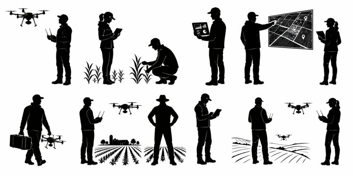 People operating drones in a field with a man holding a briefcase and others working