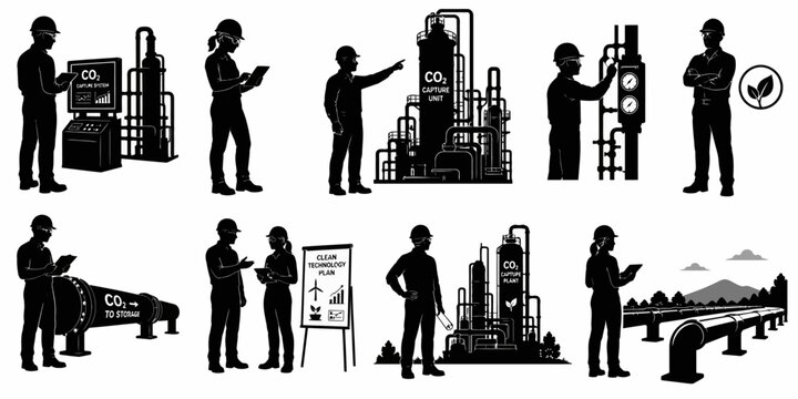 Workers in industrial settings operate machinery and discuss projects at various locations.