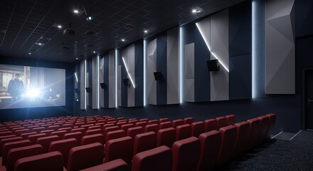 Naklejka premium Modern Cinema Interior: Empty Seats, Bright Screen – Experience the Magic of Film!