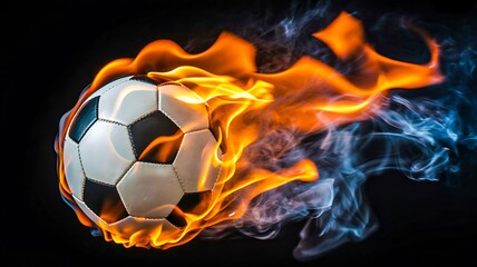 Fototapeta premium Soccer ball on fire with dynamic flames representing energy power and intense sports action concept