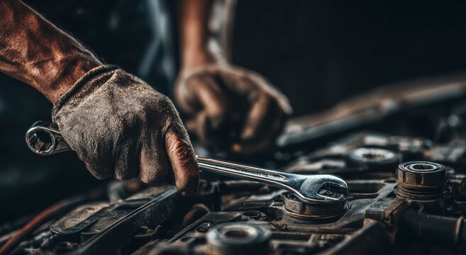 Mechanic's hands working on a car engine with a wrench and socket close up detail view natural light