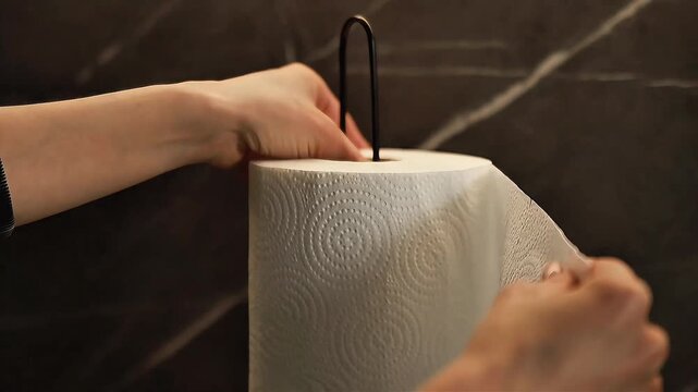 Hand Tearing Paper Towel Close Up in Kitchen Daylight