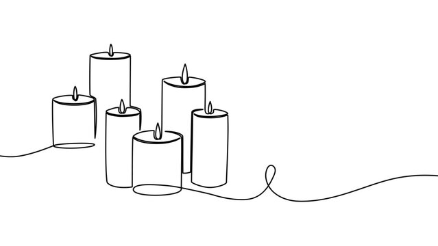 Single continuous line candle drawing with flame and leaf motif, elegant minimalist art symbol ideal for memorial, spa, or harmony concepts, isolated vector illustration design.