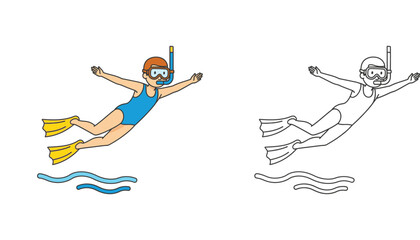 Snorkeling girl character illustration set with colored and outline versions for kids coloring book, underwater diving activity vector design © SHOHAG