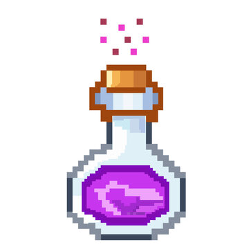 Pixel art magic potion bottle with purple liquid fantasy game item icon design