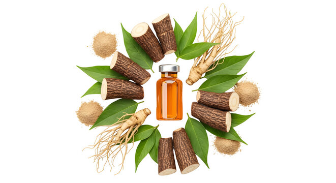 Herbal Essence Bottle with Ginseng and Licorice Roots.