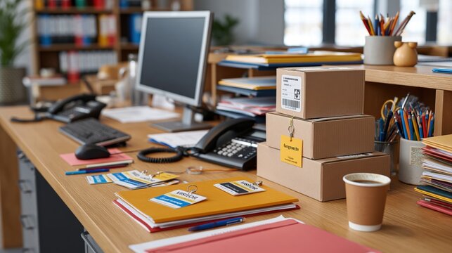 Office desk with packages, visitor badges, and computer for busy reception