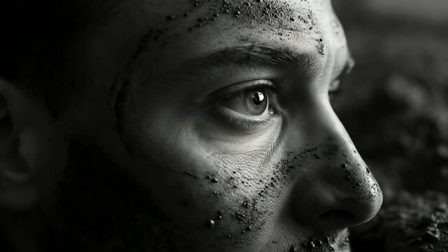 Close-up of person's face covered in dirt, dramatic black and white