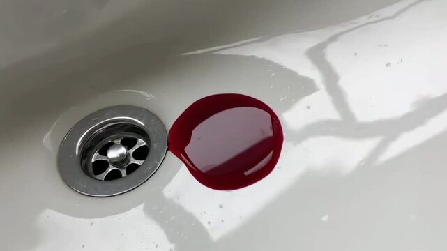 A Close-Up View of a Deep Red Liquid Pooling Near a Drain, Capturing the Intriguing Contrast Against a White Surface in Two Sequential Frames