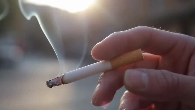 A contemplative moment captured, showcasing a hand holding a cigarette, releasing delicate wisps of smoke into the warm evening light, evoking a sense of tranquility and reflection.