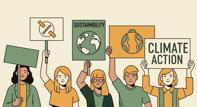 Diverse group advocating climate action with creative signs and earth symbols