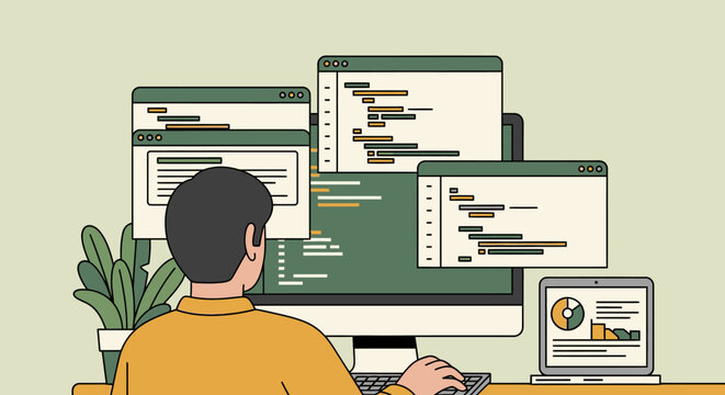 Programmer working on multiple code monitors in modern workspace