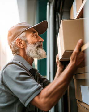 A delivery man with a gray beard and cap is stacking cardboard boxes inside a vehicle, smiling as he works.