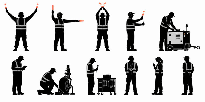 Construction workers in various poses with reflective vests directing traffic and operating equipment on site