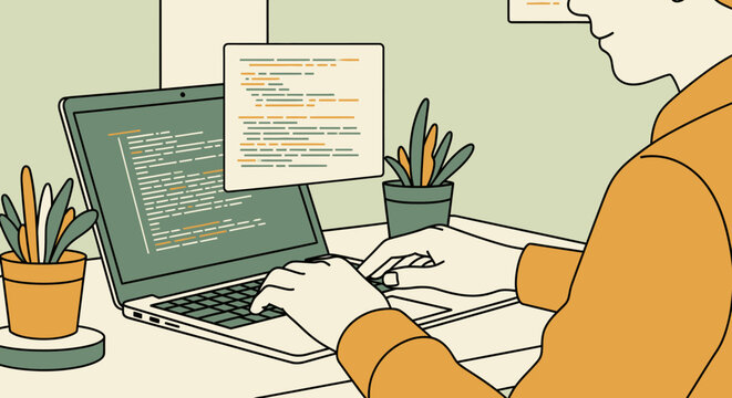 Coding and development workspace with programmer using laptop in modern office