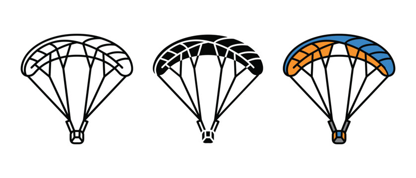 Paragliding icon set for extreme sports and outdoor adventure outline, solid and color styles, white background