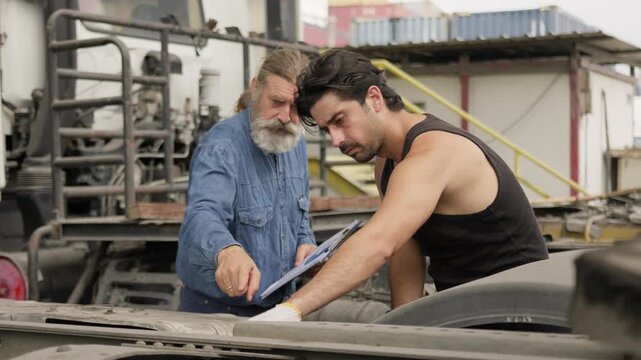 A senior mechanic supervises a younger technician performing truck maintenance, collaborating on a vehicle inspection for fleet management at a logistics depot.