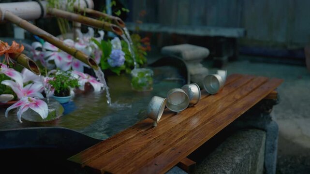 Traditional chozuya purification fountain with bamboo ladles and hydrangea flowers at a Japanese shrine in Wakayama, Japan