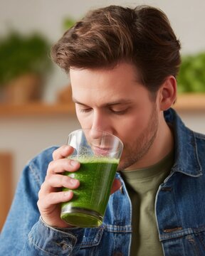 Sipping the Green Elixir: A man indulges in a refreshing green beverage, embodying the essence of health and wellness with a revitalizing experience.