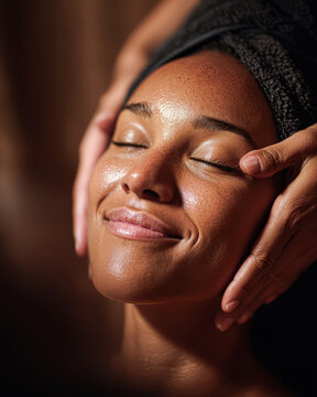 A woman with glowing skin enjoys a relaxing facial massage, eyes closed and smiling peacefully, highlighting relaxation and self-care.