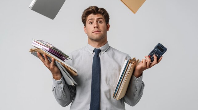 Young businessman overwhelmed with work, juggling folders and a calculator