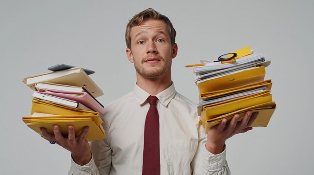 Young businessman in formal attire juggling papers and a phone with a focused expression