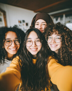 Four young friends smiling together, taking a cheerful selfie indoors.