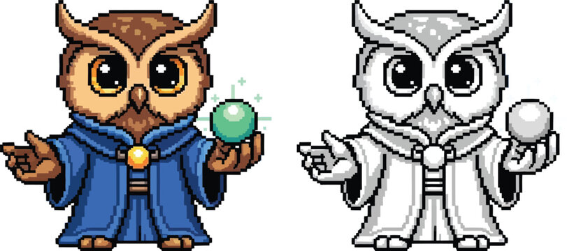 Pixel art illustration of two cute owl wizards, one in color with a glowing green orb and a blue robe, the other in grayscale with a white orb and a gray robe.