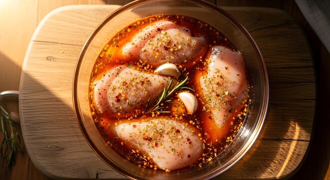 Raw chicken breast pieces marinating in a clear glass bowl with herbs and spices for cooking preparation