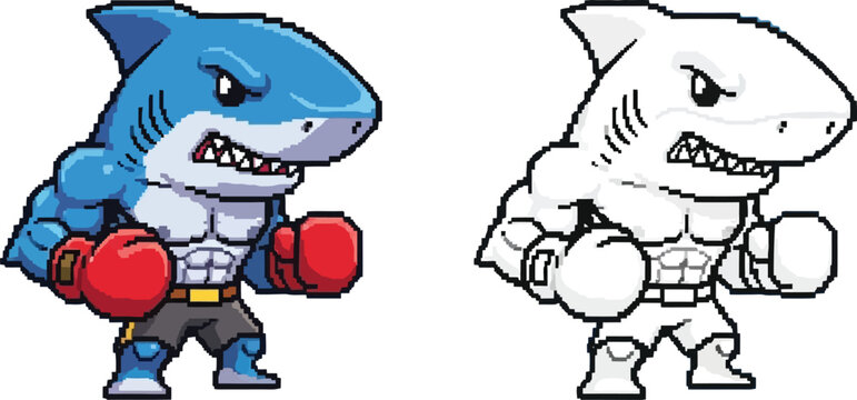 A pixel art illustration of a muscular cartoon shark wearing boxing gloves and shorts, ready to fight.