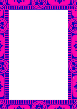 Transparent Magenta Pink and Navy Blue Vintage Border Frame, High-Contrast Pop Art Ornament PNG, Decorative Floral Frame with Empty Center, Edgy Edge Design for Graphic Overlay