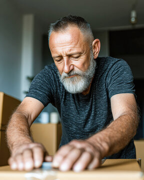 Older man with a gray beard focuses intently while packing or unpacking cardboard boxes in a home setting, suggesting moving or organizing.