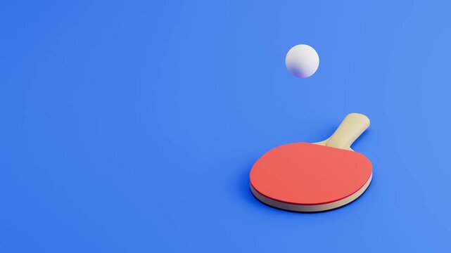 Table Tennis Ball Bouncing on Racket on Blue Background with Copy Space, Seamless Loop 3D Animation