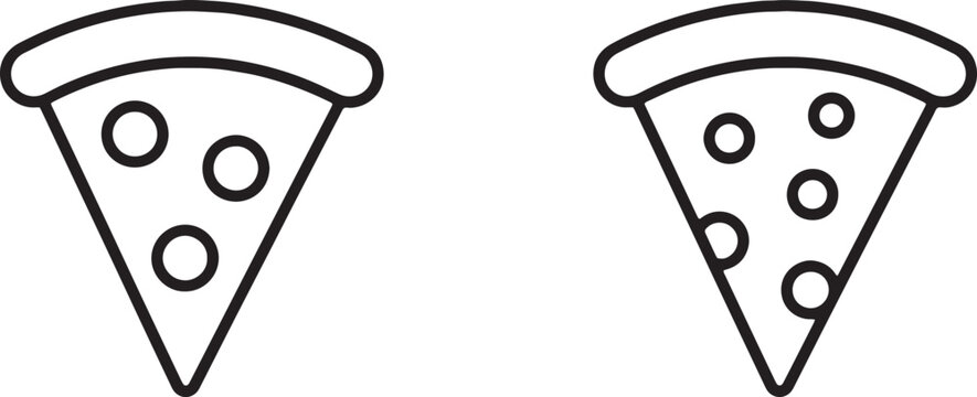 Web, Italian pizza slices with pepperoni and vegetable toppings outline icons for restaurant menu.