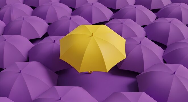 A single bright yellow umbrella stands out prominently among a multitude of closed purple umbrellas