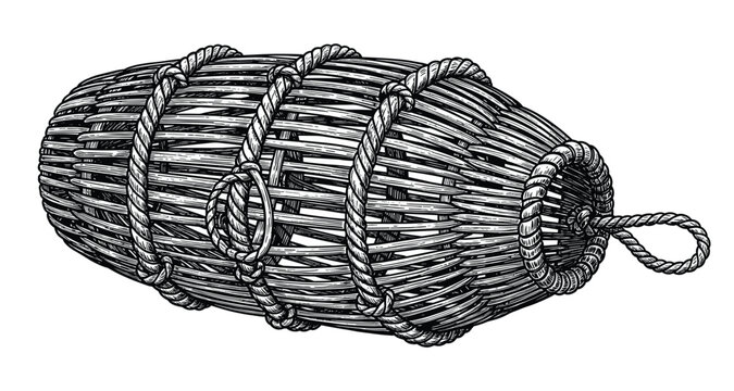 Wicker fish trap vector sketch illustration or creel for fishing or collecting seafood.