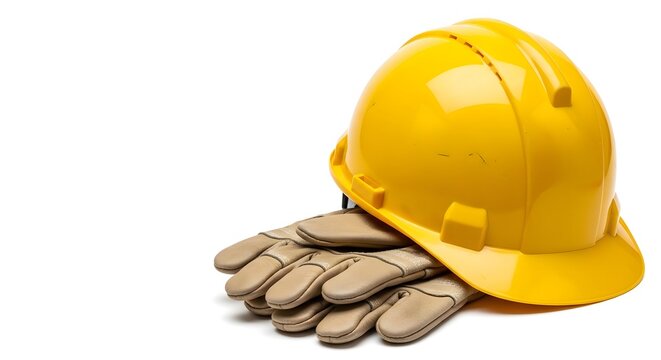 Yellow hard hat and brown work gloves on white background for construction safety