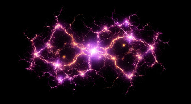 Purple electrical lightning web with bright energy nodes throughout dark atmospheric space.