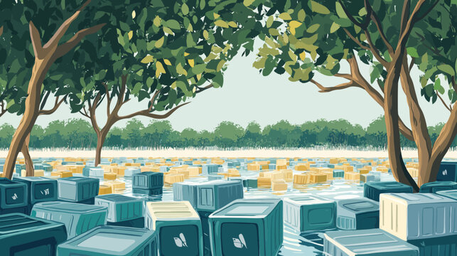 Stylized digital art depicting a flooded landscape with trees and containers