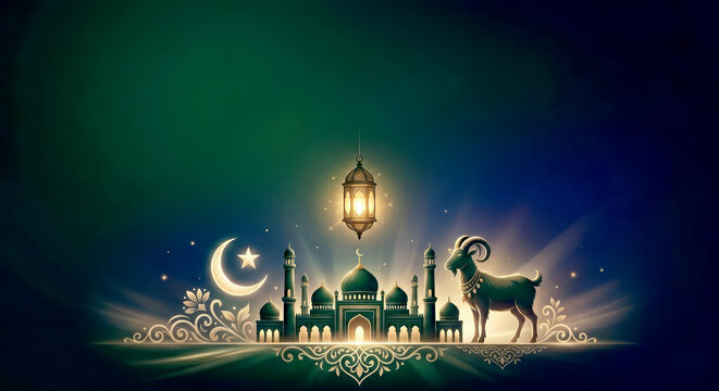 Bakrid festival concept with mosque, crescent and goat on dark background.